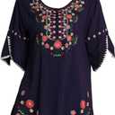 Mexican Shirts Peasant Blouses Cotton Embroidered 3/4 Sleeve Bohemian Tops Boho Clothes for Women Summer Fiesta (Navy Blue)