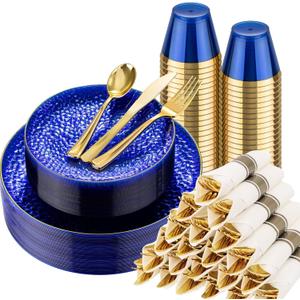 Hioasis 175pcs Blue Gold Plastic Plates - Blue Plastic Dinnerware Set Includes 25 Dinner Plate, 25 Dessert Plate, 25 Cups, 25 Napkins Perfect for Christmas & Party