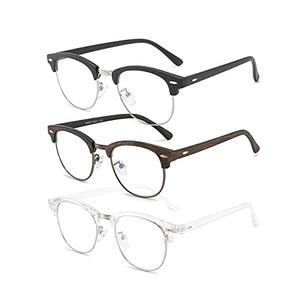 SOAR&EAGLE 3 Pack Blue Light Blocking Glasses,Computer Gaming Glasses,Retro Semi Rimless UV400 Clear Lens Computer Eyewear For Men/Women (Sand black silver/Wood grain gun/Crystal silver) +3.0