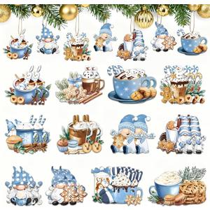 2 x Blue Christmas Decorations Winter Gnomes Wooden Hanging Ornaments 24PCS Vintage Dessert Hot Chocolate Mug & Sweet Treat Crafts with Ropes for Xmas Tree, Winter, Home, Party
