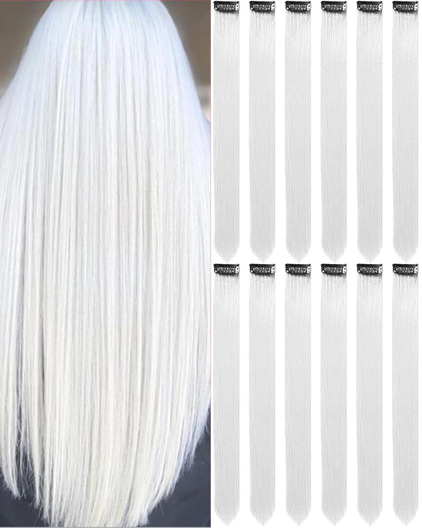 22 Inch Colored White Hair Extensions Party Highlights, Straight Hairpiece Clip in Synthetic Hair Extensions for Kids Girls (12 Pcs, White)