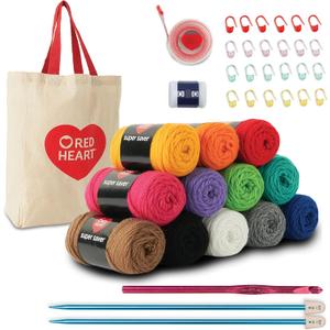 Red Heart Super Saver Yarn Stitchers Kit, 12 Balls, 1 Tote Bag, 1 Knitting Needle, 1 Crochet Hook, 1 Measuring Tape, 1 Knit Counter