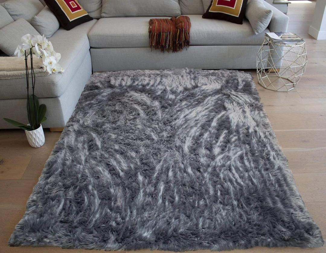 Charcoal Gray Grey Colors Solid Plush Pile Faux Fur Rug Sheepskin Area Rug Lambskin Carpet Fuzzy Furry Modern Contemporary Decorative Designer Indoor Bedroom Living Room Office Space Studio, 24x34"