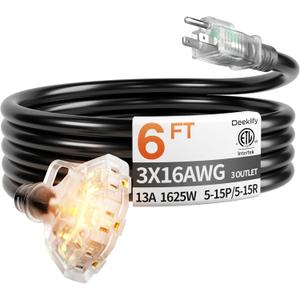 6 ft 16/3 awg 3 Outlet Extension Cord Splitter with Indicator, Waterproof Indoor/Outdoor Extension Cord with Multiple Outlets, 13A 1625W for Home & Workshop, ETL Listed, Flexible Black SJTW