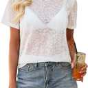 Allimy Women's Sexy See Through Sheer Lace Summer Tops Crew Neck Short Sleeve T Shirts (White, XL)