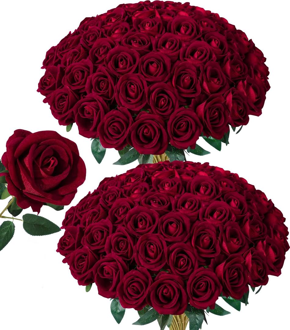 50 PCS Burgundy Roses Artificial Flowers, Fake Roses with Stem Realistic Silk Roses for DIY Wedding Bouquets Table Centerpieces Arrangements Baby Shower Birthday Home Decor Valentines Day Gift for Her