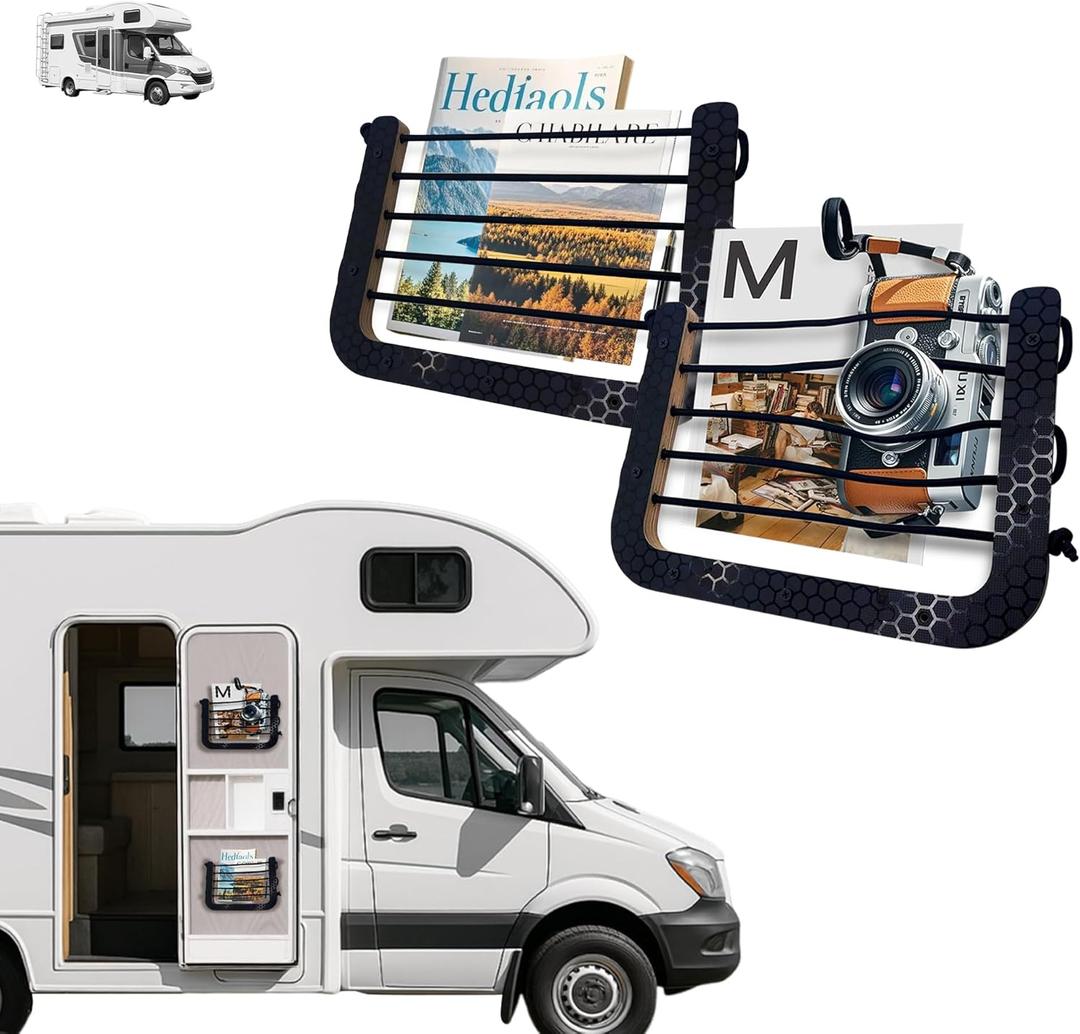 Campervan Bungee Storage Pouch  Elastic Cord Net Organizer with Wood Frame, RV Van Motorhome Interior Wall-Mounted Storage Solution (2Pcs 8.6" x 12")