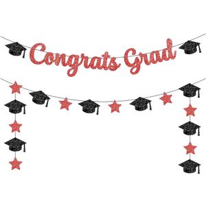 Graduation Decorations 2026 | Glitter Congrats Grad Banner Red and Black - 10 Feet | Black and Red Graduation Banner | Grad Cap Garland for Grad Decorations Class of 2026, KatchOn