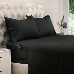 DREAMCARE Queen Sheet Set  4 pcs Cooling Sheets  up to 21 Extra Deep Pocket Queen Sheets  Hotel Luxury Sheets & Pillowcases  Superior Softness 100% Fine Microfiber with Side Pocket  Black
