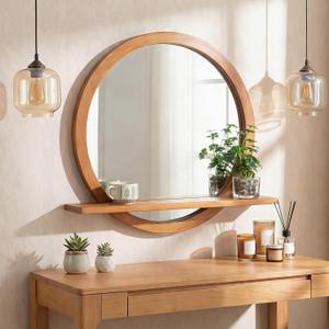 Vercraft 24 Inch Round Wall Mirror with Shelf Solid Wood Frame Rustic Circle Mirror Handcrafted for Entryway Bathroom or Living Room Decorative