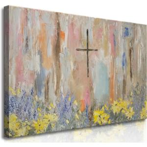 Framed Cross Flower Wall Art Christian Floral Oil Painting Canvas Prints Abstract Religious Posters Church Graffiti Pictures Wall Decor Ready To Hang (12x16in Framed) (16L" x 12W")