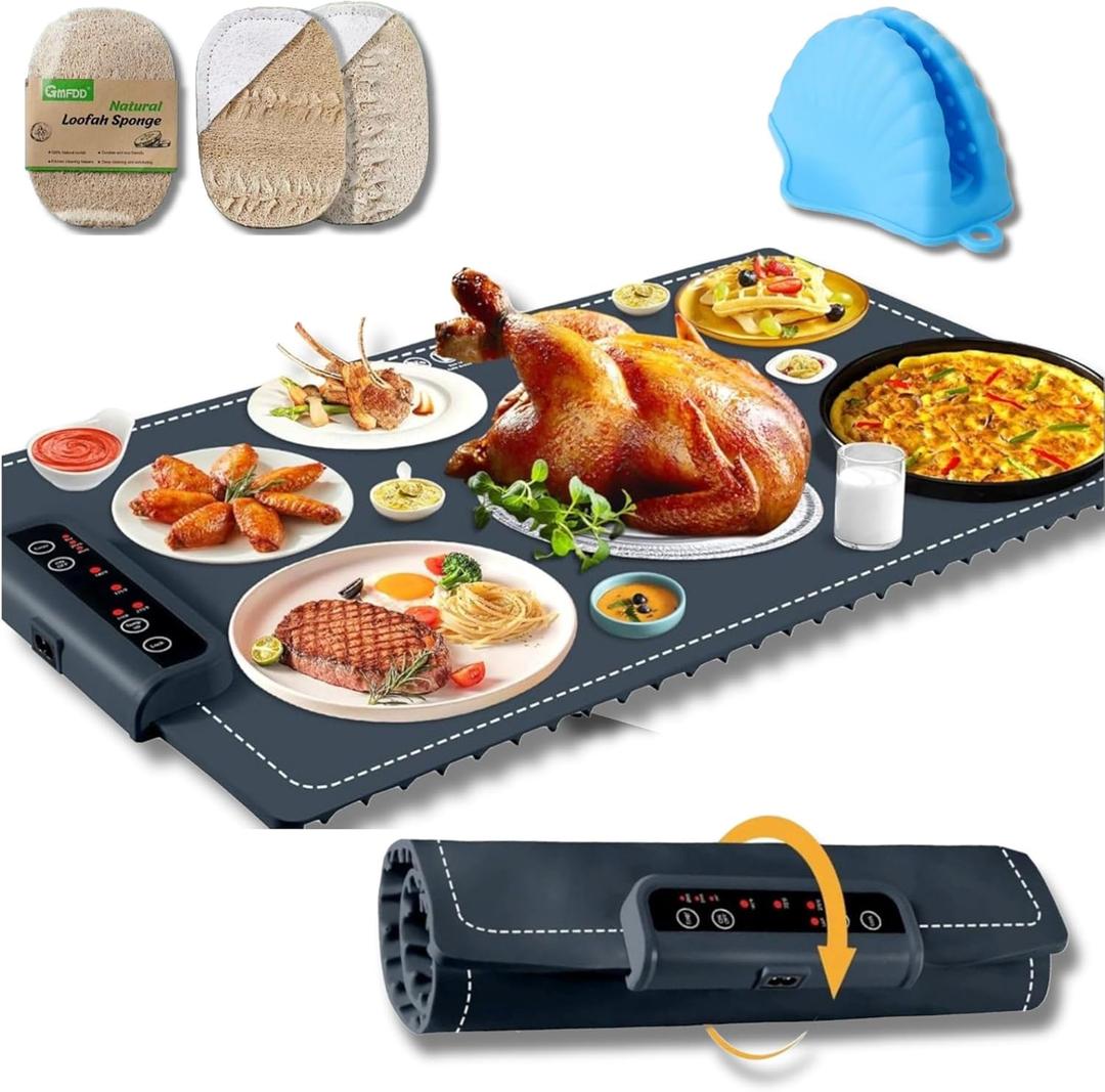 Foldable Food Warming Mat  Adjustable Temperature Hot Plate for Buffets, Parties, Catering, Home, Restaurant Use  Portable, Non-Slip, Energy-Efficient Heated Pad for Trays, Dishes & Serving Platters
