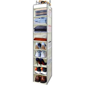 Large-Sized Hanging Shoe Organizer 10-Shelf, Sturdy Hanging Closet Organizer with 8 Side Pockets, Wider Hanging Shelves for Storage Shoes Clothes Jeans Shirts Toys, Beige