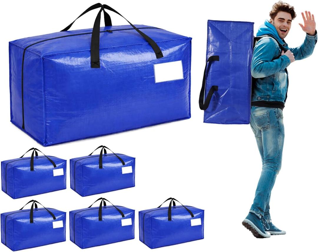 6 Pack Moving Bags Heavy Duty Extra Large Storage Bags with Zippers, Handles, Backpack Straps Packing Bag for Moving College Dorm Room Essentials, Camping, Travel, Clothes 93 L 25 Gallons (Blue)