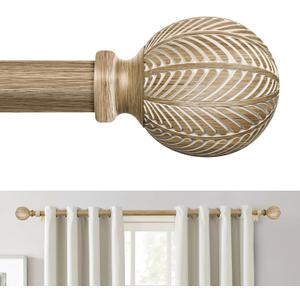 Boho Wood Curtain Rods for Windows 48 to 84 Inch, 1" Adjustable Curtain Rod with Imitation Wooden Grain Finials, Decorative Heavy Duty Rustic Farmhouse Drapery Rods, 36-88'', Weathered Wood