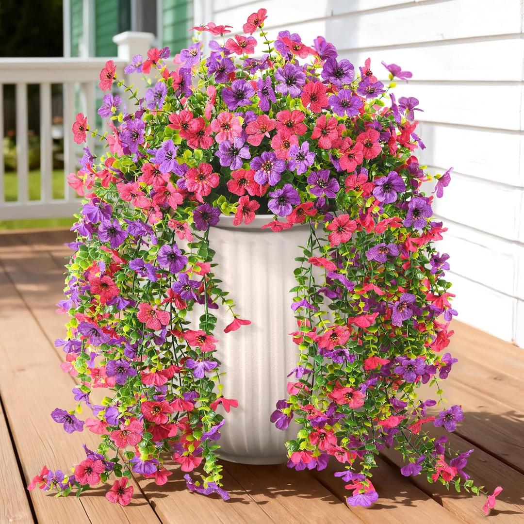 Artificial Hanging Flowers for Outdoors, 2 Pcs Fake Hanging Plant Spring Summer Decoration, UV Resistant No Fade Faux Silk Daisy Flower for Planter Porch Patio Yard Garden Decor(Purple Hot Pink)