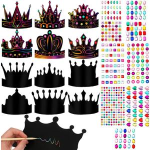 Yinder 130 Pcs Crown Party Favors Halloween DIY Crafts Set 48 Scratch Paper Crowns Headband Hats 24 Wooden Styluses 48 Elastic Bands 10 Sheet Colorful Gem Jewel Stickers