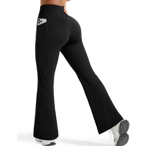 OMKAGI Women Flared Yoga Pants with Pockets Soft High Waisted Wide Leg Workout Leggings (X-Small, Black)