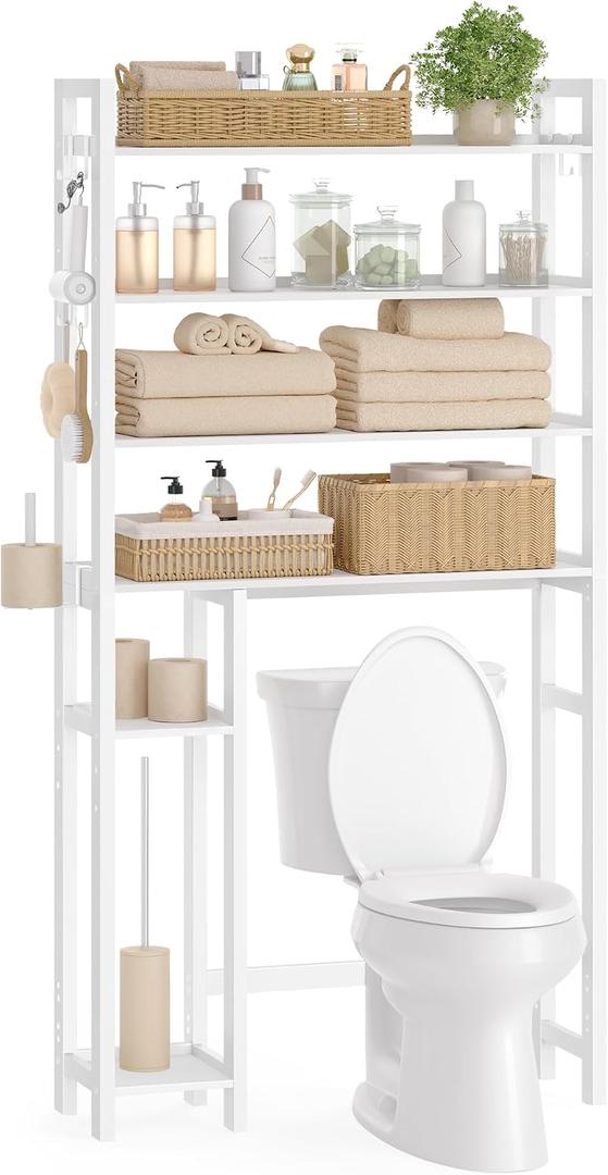 SONGMICS Over the Toilet Storage, 4-Tier Over Toilet Bathroom Organizer with Adjustable Shelves, 10.2 x 32.7 x 72.8 Inches, Space-Saving, Cloud White UBTS017W01