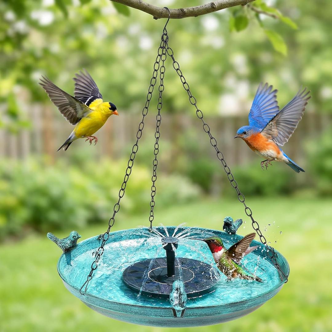 DazSpirit Hanging Bird Bath with Solar Fountain, 14.9" Metal Bird Bath for Outdoors, Fixed Solar Panel with 4 Nozzles, 3 Removable Decorative Birds, Hanging Birdbath for Garden Patio Porch Yard Gift