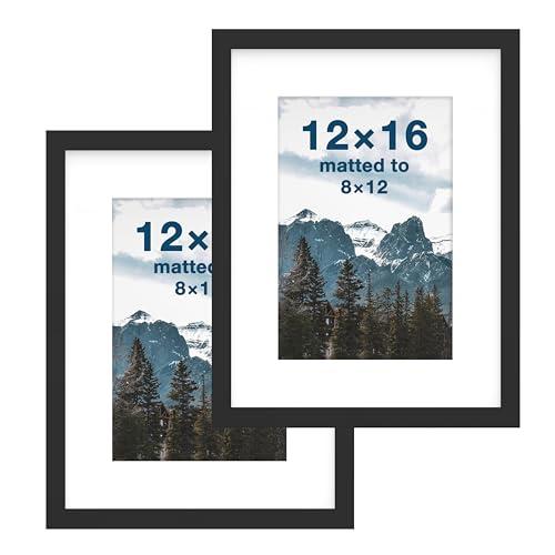 FrameWorks 2-Pack, 12x16 Matted to 8x12 Picture Frame, Black – Classic Wooden Photo Frame with Tempered Glass, Modern Matte Finish for Prints, Posters, Certificates & Wall Decor – Gallery-Ready