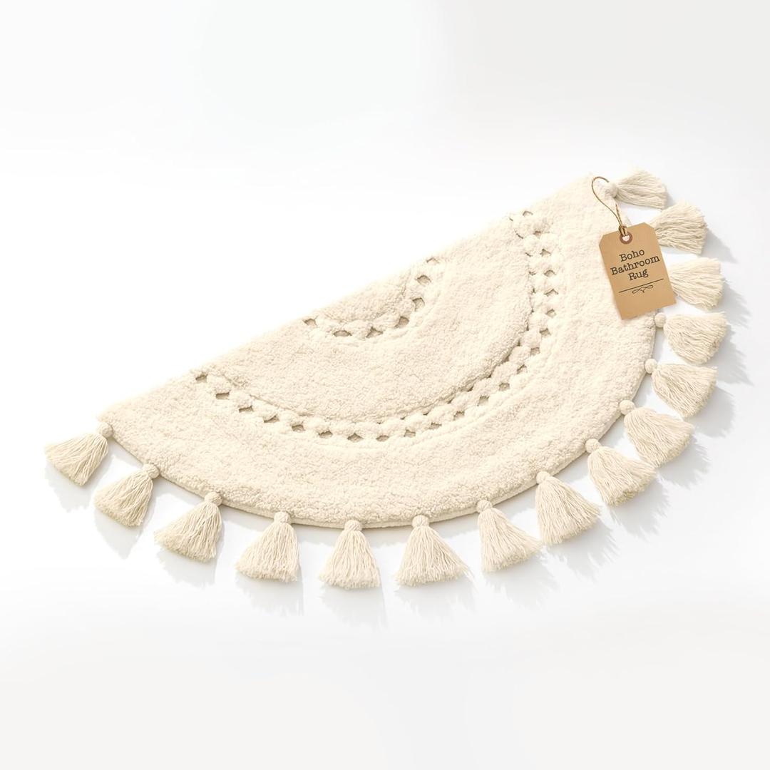 Boho Bathroom Rugs - Half Circle Cotton Mat with Crochet Insert and Tassels - Non-Slip Bohemian Rug for Bath, Bedroom or Entryway - Neutral Cream Decorative Rug - 42x22 Soft Machine Washable (Off-white)