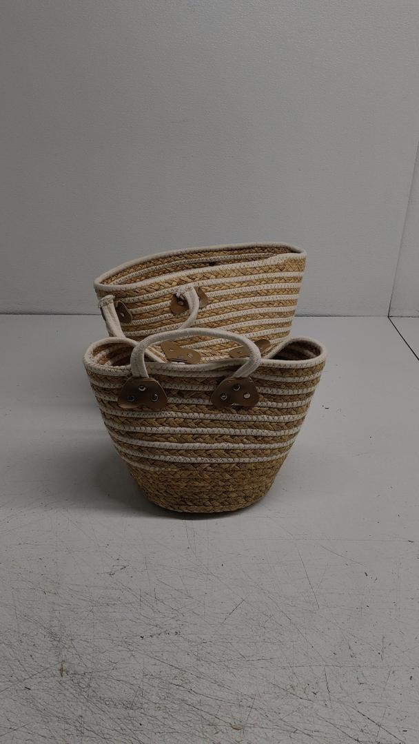 Brown And White Woven Basket Bag 2Pcs