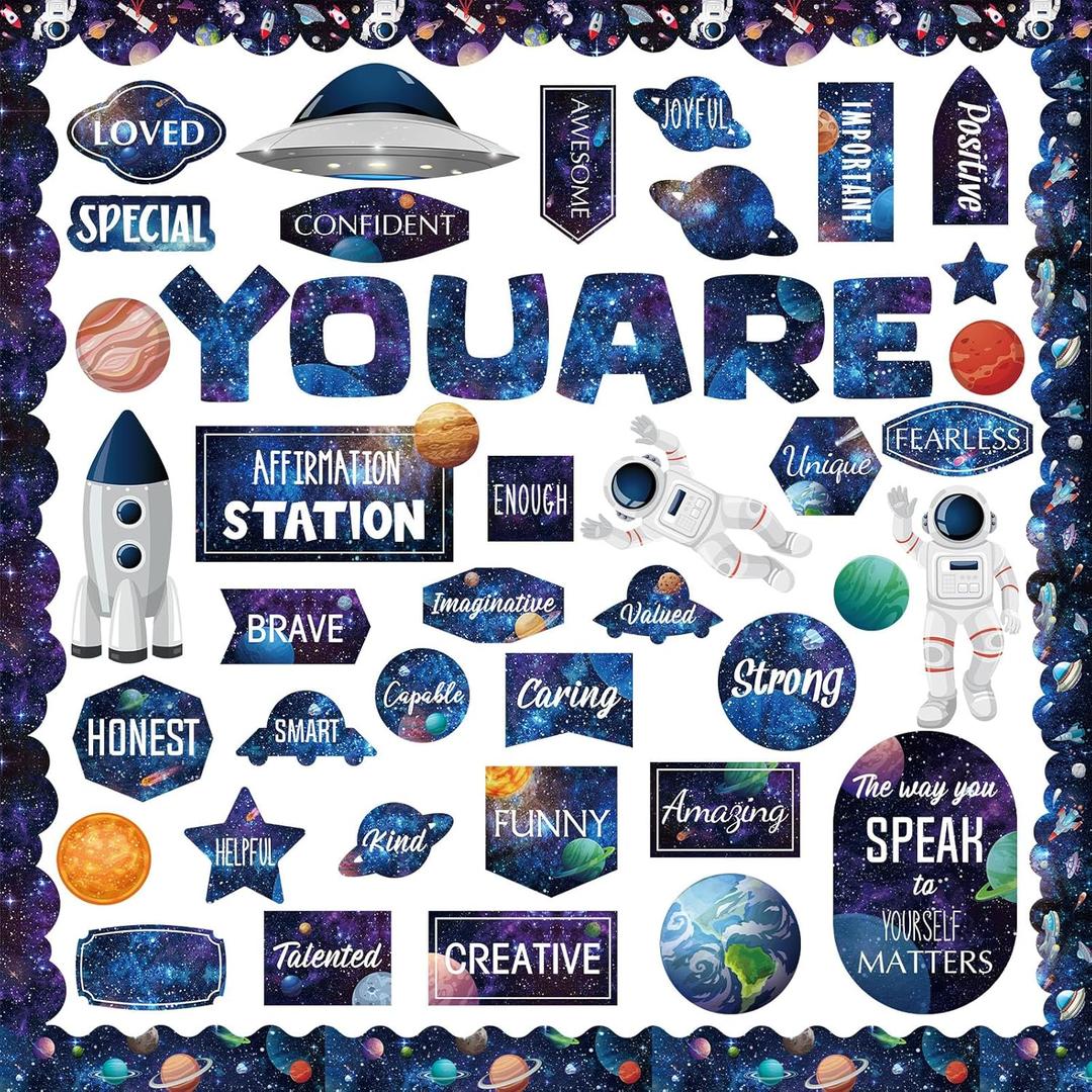 90 Pcs Space Affirmation Station Classroom Bulletin Board Set Motivational Bulletin Board Back to School Positive Affirmations Accent Cutout Mirror Growth Mindset Decor for School Office Home