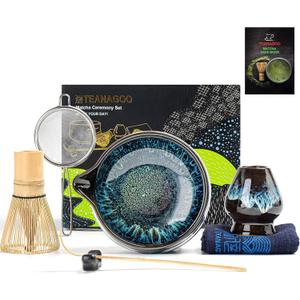TEANAGOO Matcha Whisk Set, 7 Pcs Matcha Set Blue, Matcha Kit for Ceremony, Matcha Tea Set for Making Breakfast/Latte, Ceramic Matcha Bowl(chawan) whith Spout and Whisk, Gift for Friend/Family (Junware-Green Pro)