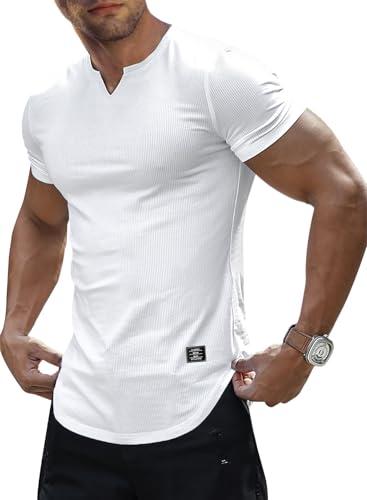JMIERR Athletic Shirts for Men Short Sleeve Muscle Slim Fit T Shirt Hipster Longline Henley Shirt Gym Workout White Tees Shirts,US 52 (3XL)