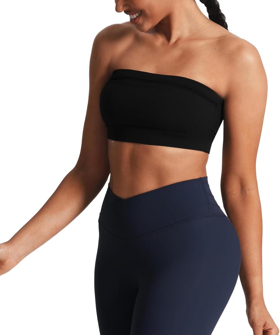 Aoxjox Women's Workout Strapless Bandeau Mesh Bras Training Fitness Running Yoga Crop Tank (Medium, Black)