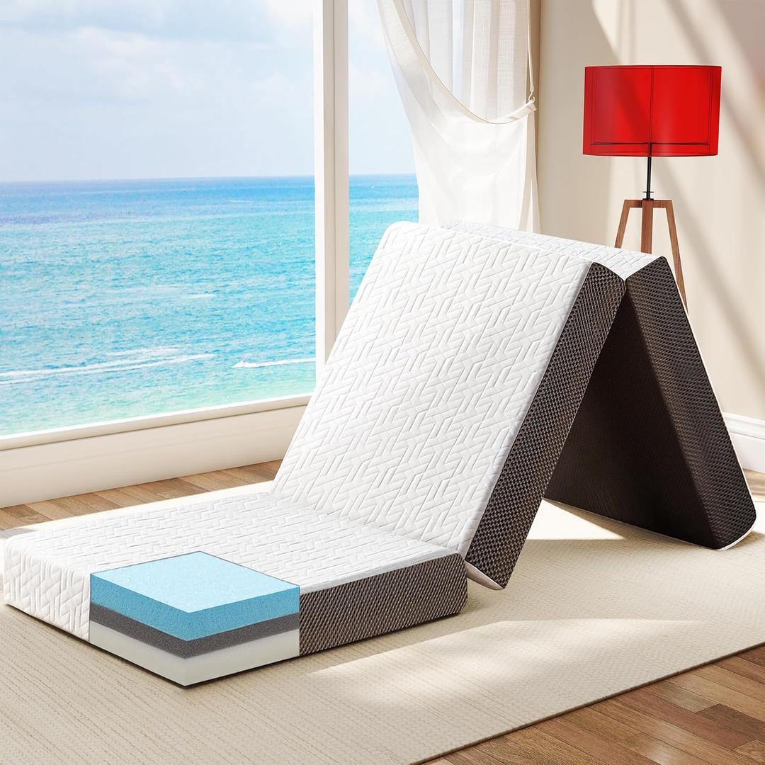 Hanherry 4 Inch Foldable Mattress Single Size, Tri-Folding Portable Memory Foam Topper Floor Bed with Storage Bag, Washable Cover for Travel, Camping, RV, Guest