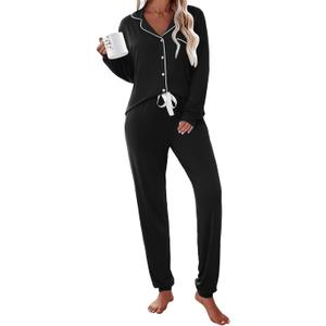 Ekouaer Pajamas Set Long Sleeve Sleepwear Womens Button Down Nightwear Soft Pj Loungewear with Pockets (Medium, Black)