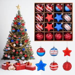28Pcs Christmas Patriotic Hanging Ornaments,Red White Blue Xmas Independence Day Decor Shatterproof Balls and Stars Decorates,4th of July Christmas Tree Decor for Indoor Outdoor Holiday Party