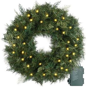 Christmas Wreath Pre-lit 24 inch with 50 Led & Cupressus Tips, Battery Operated Artificial Christmas Wreaths for Front Door with Timer Lights, Wreath for Christmas Decoration Door Windows Wall Green