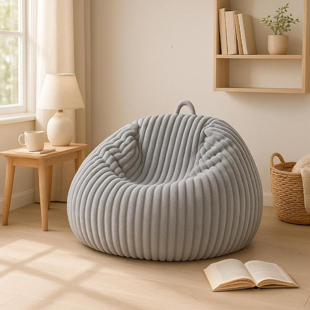 Honeydak Ribbed Rabbit Fur Stuffed Animal Storage Bean Bag Chair Cover (No Filler) Comfy Bean Bag Cover Without Filling or Home Bedroom Decor Organizing Plush Doll Textile Holder (Light Gray,M)