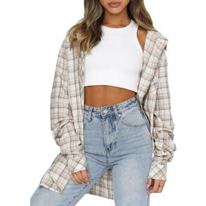 Lacozy Womens Buffalo Plaid Flannel Shirt Long Sleeve Collar Button Down Blouses Tops (Medium, Light Apricot White)
