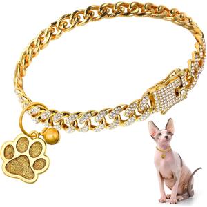 Hillban Cat Collar Diamond Chain Glitter Collar Walking Metal with Secure Buckle Cat Pet Necklace with Paw Charm and ID Tag Bell Link Cuban Jewelry Accessories(10 Inch,Gold)