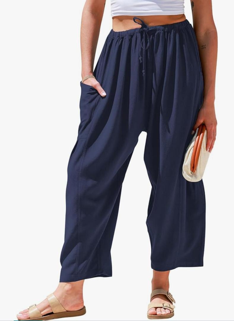 TARSE Women's Linen Wide Leg Pants Casual Loose Drawstring Summer Beach Travel Vacation Palazzo Harem Pants with Pockets XXXXL