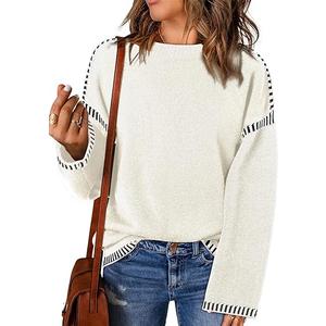 Dokotoo Sweaters for Women Fashion Solid Crewneck Loose Fit Long Sleeve Contrast Cable Knit Pullover Sweater Jumper Tops L