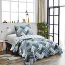 Brilliant Sunshine Teal Herringbone Patchwork, 2-Piece Quilt Set with 1 Sham, Reversible Bedspread, Soft Lightweight Coverlet, All-Season, Twin, Teal