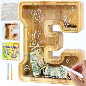 weallbuy Large Letter Piggy Bank for Kids Boys Girls Wooden Personalized Piggy Banks A-Z with Target Area Clear Alphabet Banknote Coin Banks for Gift Decoration Baptism (E)
