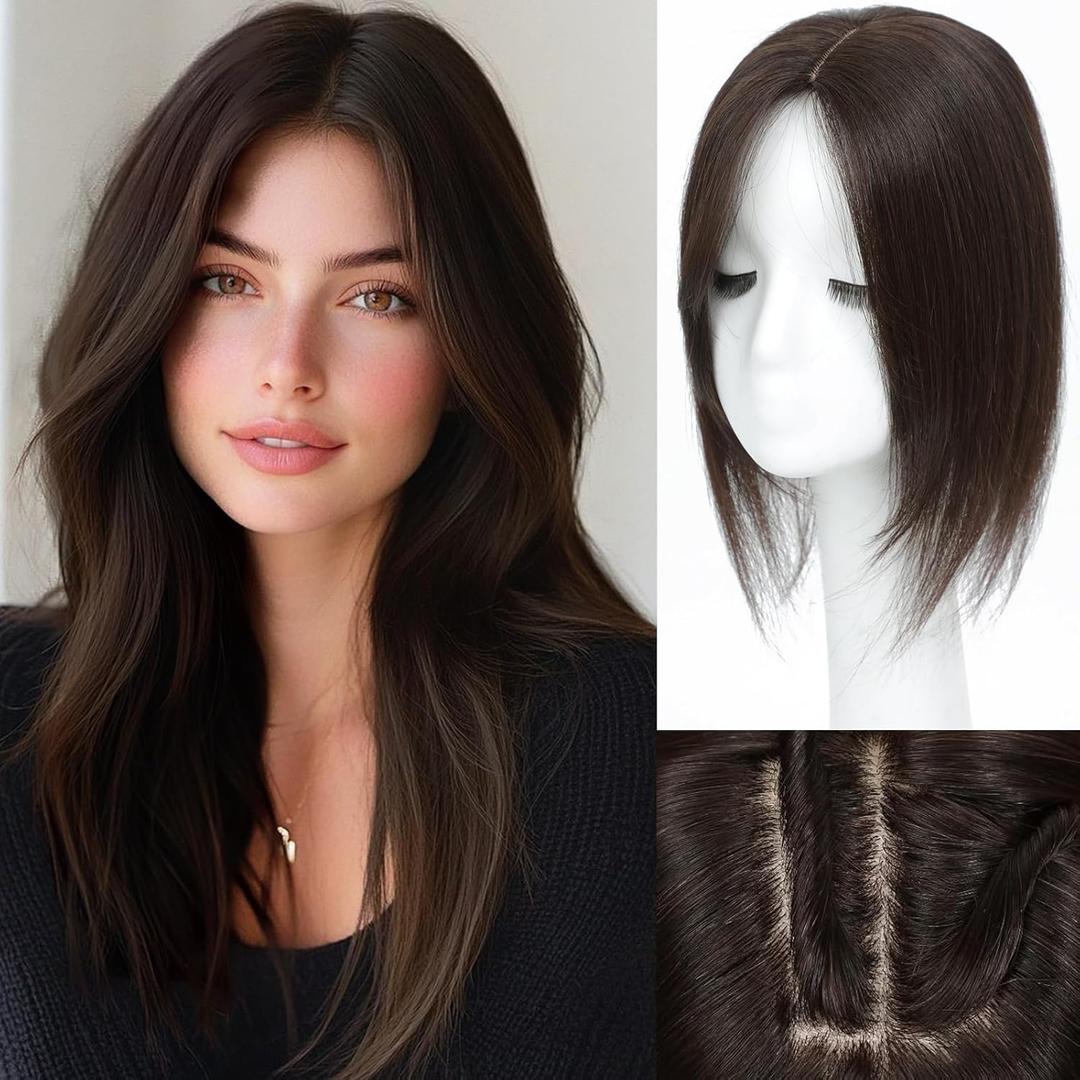 Hair Toppers for Women Real Human Hair, 360 3D Human with Thinning Upgrade Middle Part Clip in Bangs Topper Hair Pieces for Women Daily(Medium Dark Brown, 14 Inch-3D-Side)