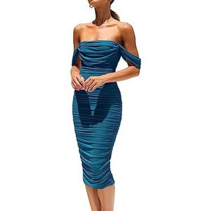 PRETTYGARDEN Summer Off The Shoulder Ruched Bodycon Dresses Sleeveless Sexy Party Club Midi Dress (S, Blue)