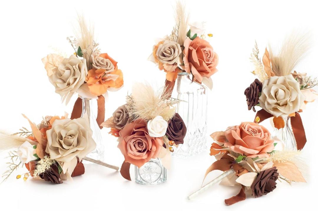 Ling's moment Artificial Flowers Centerpieces Mini Bridesmaid Bouquets Set of 6 Pre-Made Lilac Small Floral Wedding Centerpieces (Brown & Rust)…