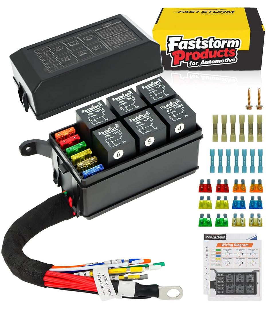 Fuse Relay Box, Relay Block Box Built-in Diodes 6 Way 12 AWG Pre-Wired Waterproof Relay Panel with Relays and Terminals, ATC/ATO Fuses Automotive Relay Box 12V for Automotive Car Marine Boat
