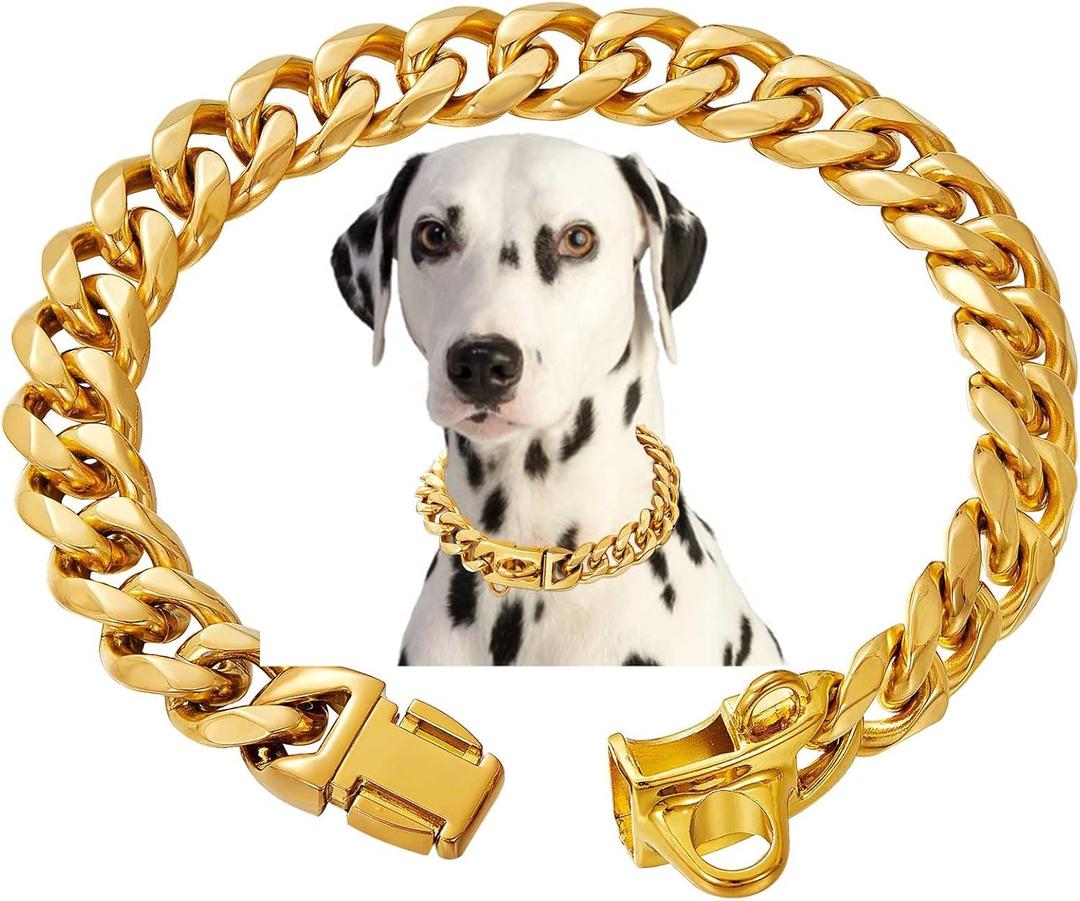 Stainless Steel 18K Gold Dog Collar with Secure Locking Buckle  15MM Cuban Link Chew-Proof Chain for Small, Medium & Large Dogs (20 inch)