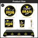 Tbsone Class of 2026 Graduation Plates and Napkins Set Black and Gold Disposable Tableware for 25 Guests, Includes Plates, Napkins, Cups, Forks and Tablecloth Party Decorations Supplies (126 PCS)