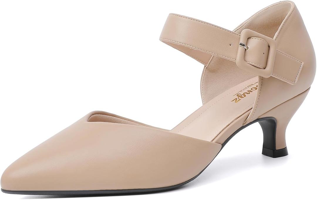 RIBONGZ Comfortable Kitten Heels for Women Pointed Closed Toe Ankle Strap Buckle Heels Slip on Low Heel Church Pumps Wedding Bridal Party Dressy Shoes (8.5, Nude)