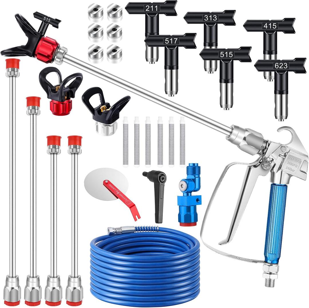 22Pcs Airless Paint Sprayer Gun Kit, 3600PSI Spray Gun with 50Ft x 1/4 NPT Airless Paint Sprayer Hose & 6Pcs Reversible Spray Tips & Guide Tool & 4Pcs Extension Wand & 6Pcs Filters